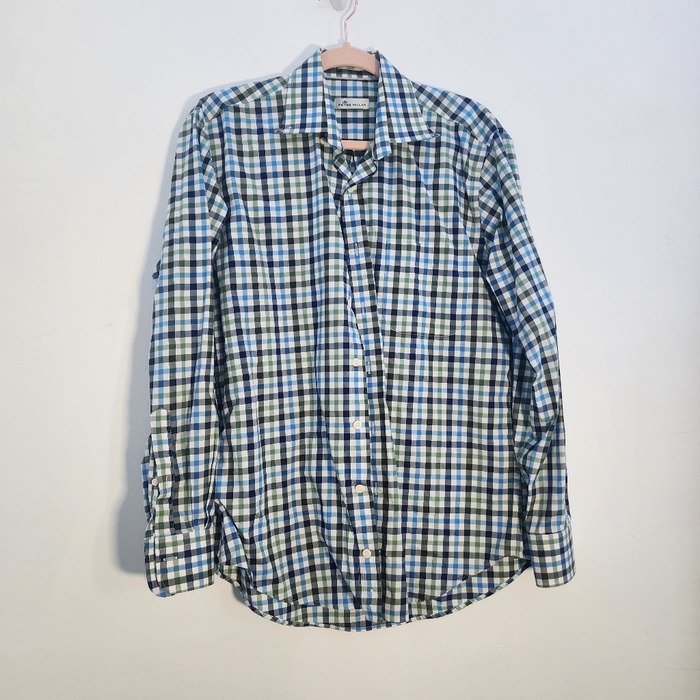 Peter Millar Medium Men's Blue and Green Checkered Shirt